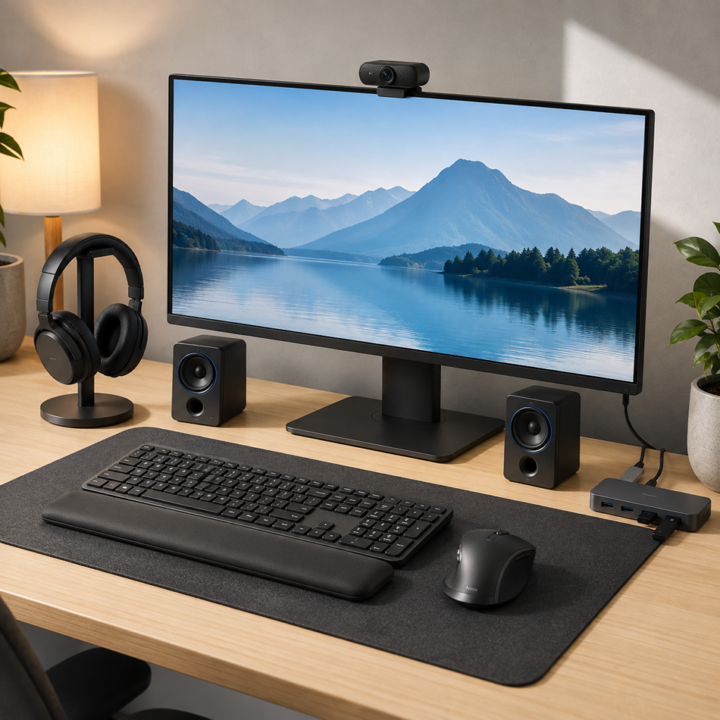 Setup meja kerja modern dengan keyboard, mouse, webcam, headset, speaker komputer, dan USB hub.