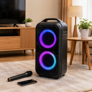Speaker aktif Bluetooth dengan lampu RGB berwarna-warni di ruang keluarga modern untuk musik dan karaoke.