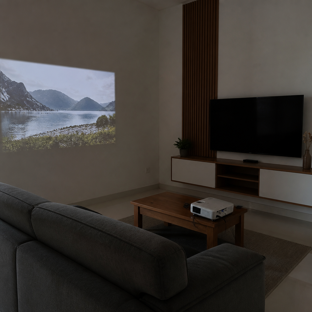 Penataan projector dan smart TV di ruang keluarga sederhana