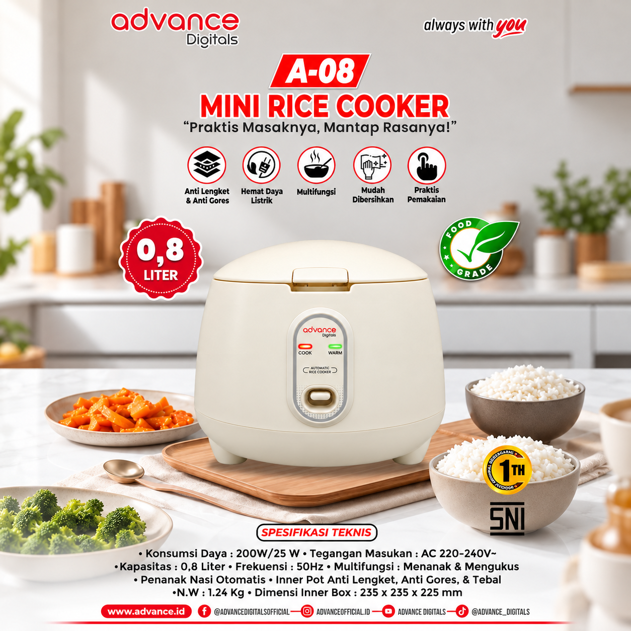 Mini Rice Cooker Advance Digitals A-08 0,8 Liter Anti Lengket dan Anti Gores