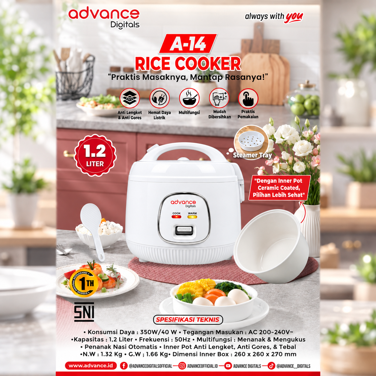 Rice Cooker Advance Digitals A-14 1,2 Liter Ceramic Coated dengan Steamer Tray
