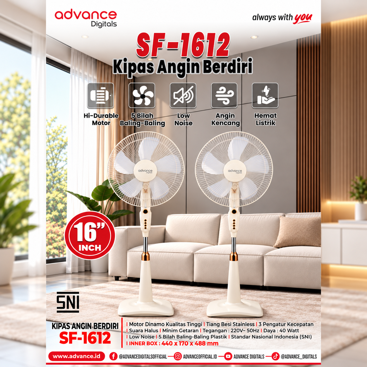 Kipas Angin Berdiri Advance Digitals SF-1612 16 Inch 40 Watt